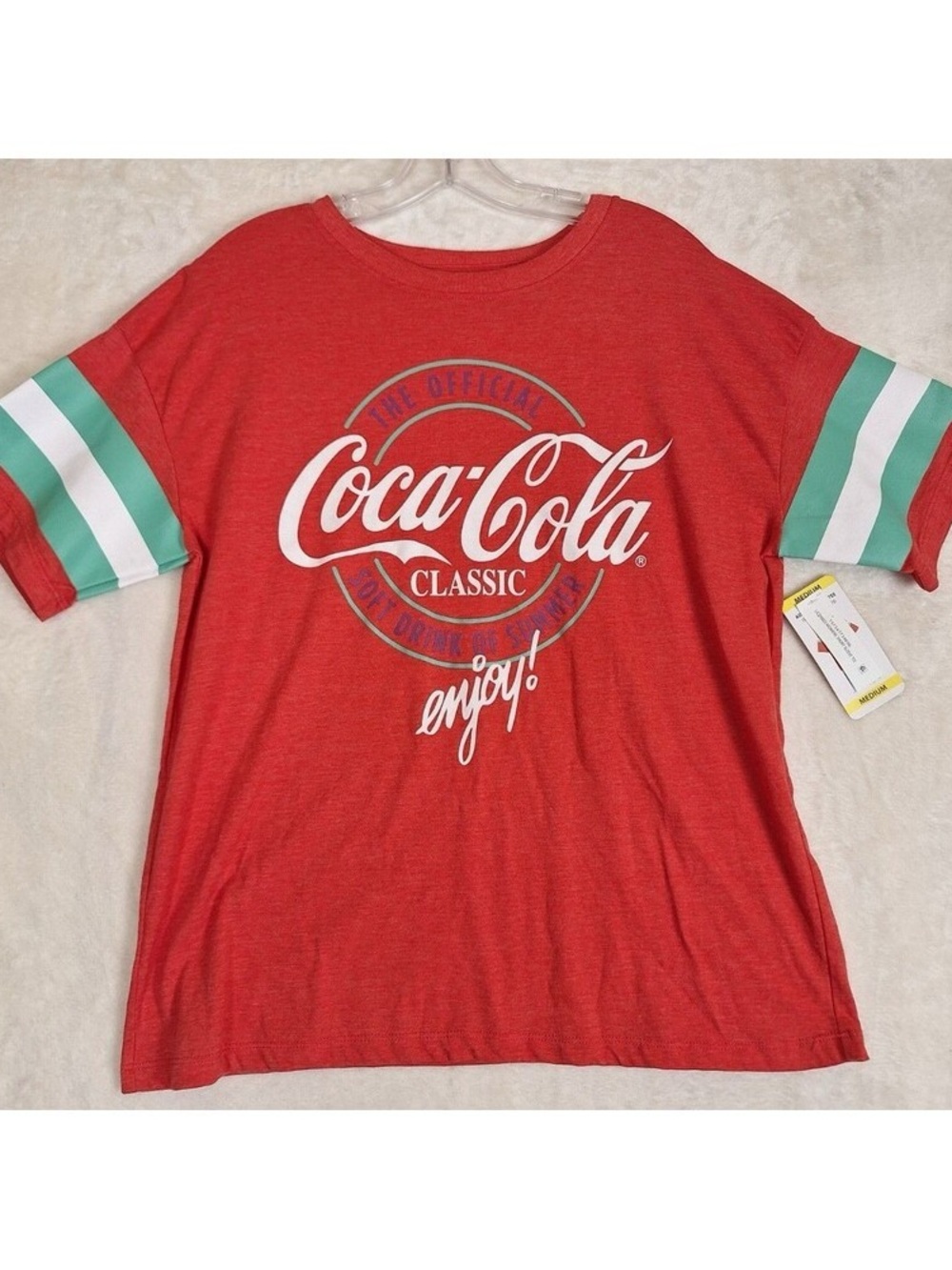 Coca Cola Red Tee with Mint and White Striped Sleeves